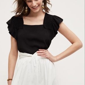 Anthropologie Maeve Epaulet solid black flutter sleeve blouse, 10 / M